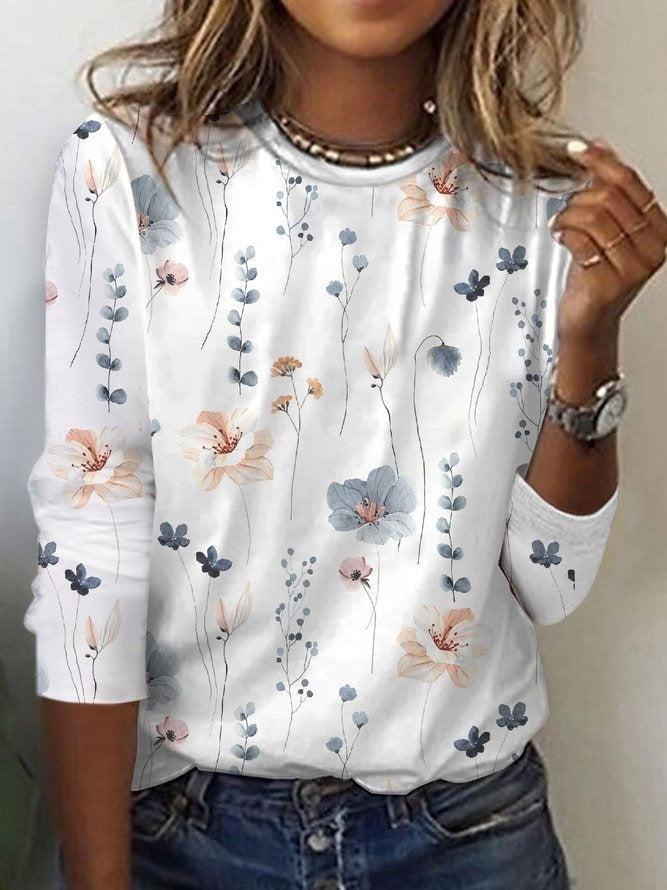 Damen Bluse – Florales Muster – Lockere Passform – Rundhals – Lange Ärmel – Atmungsaktives Gewebe