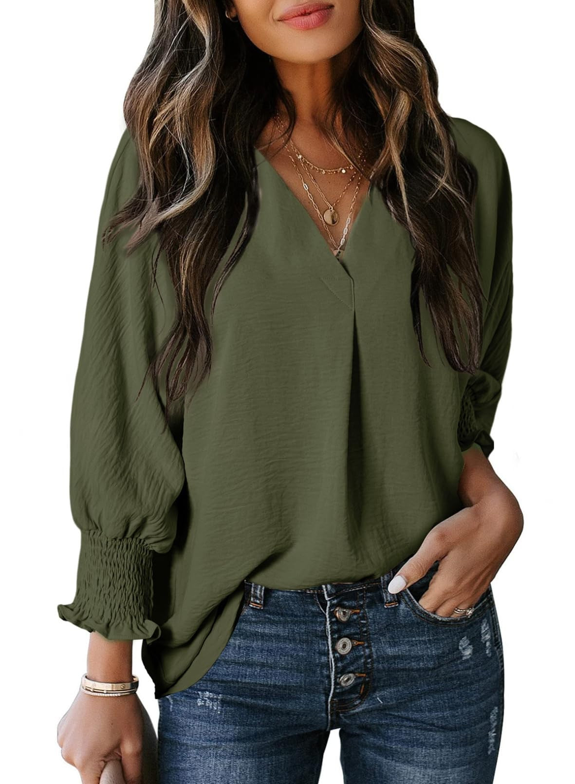 Damen T-Shirt – V-Ausschnitt – 3/4 Ärmel – Locker geschnitten – Weicher Strick – Alltag