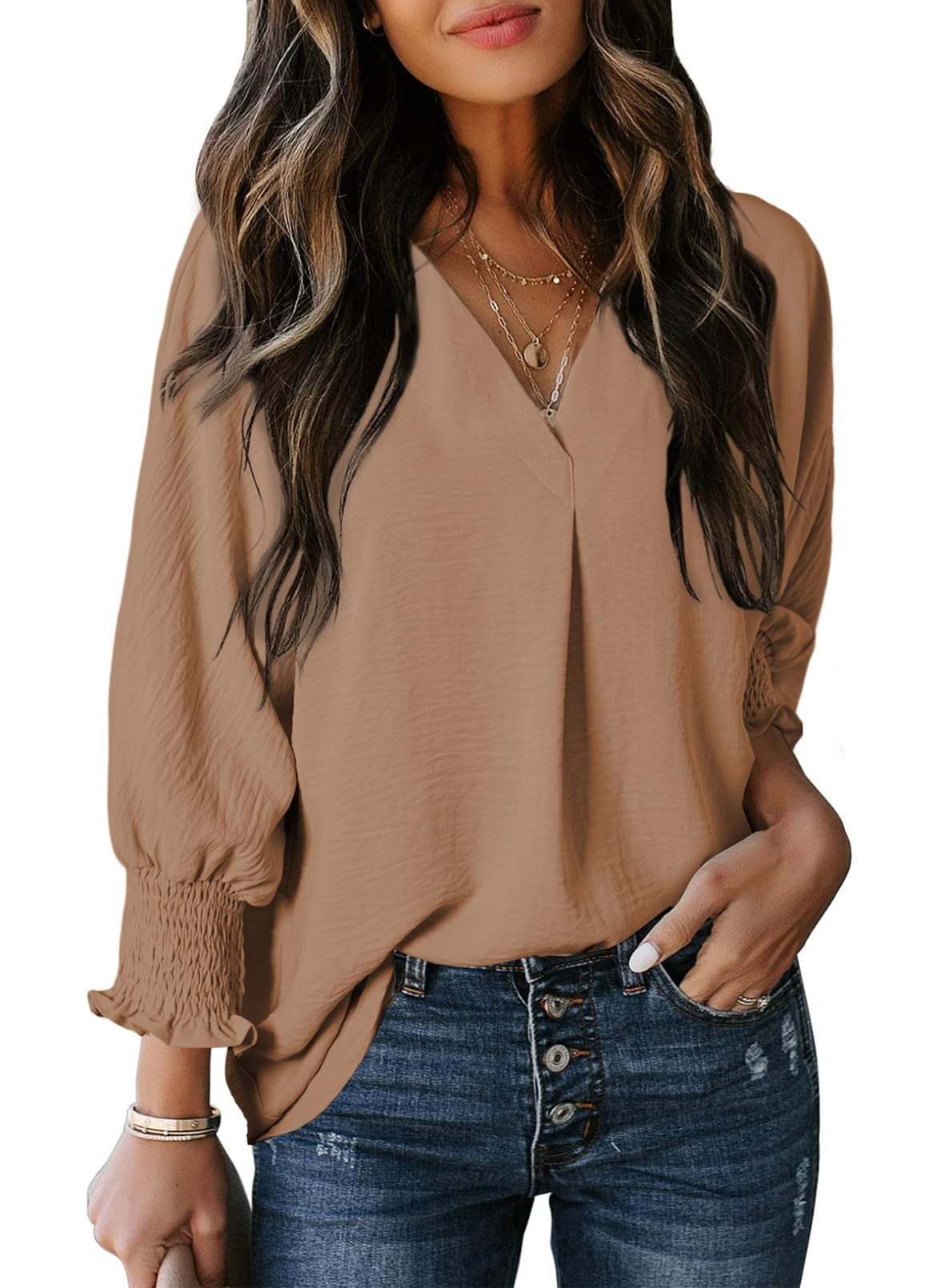 Damen T-Shirt – V-Ausschnitt – 3/4 Ärmel – Locker geschnitten – Weicher Strick – Alltag