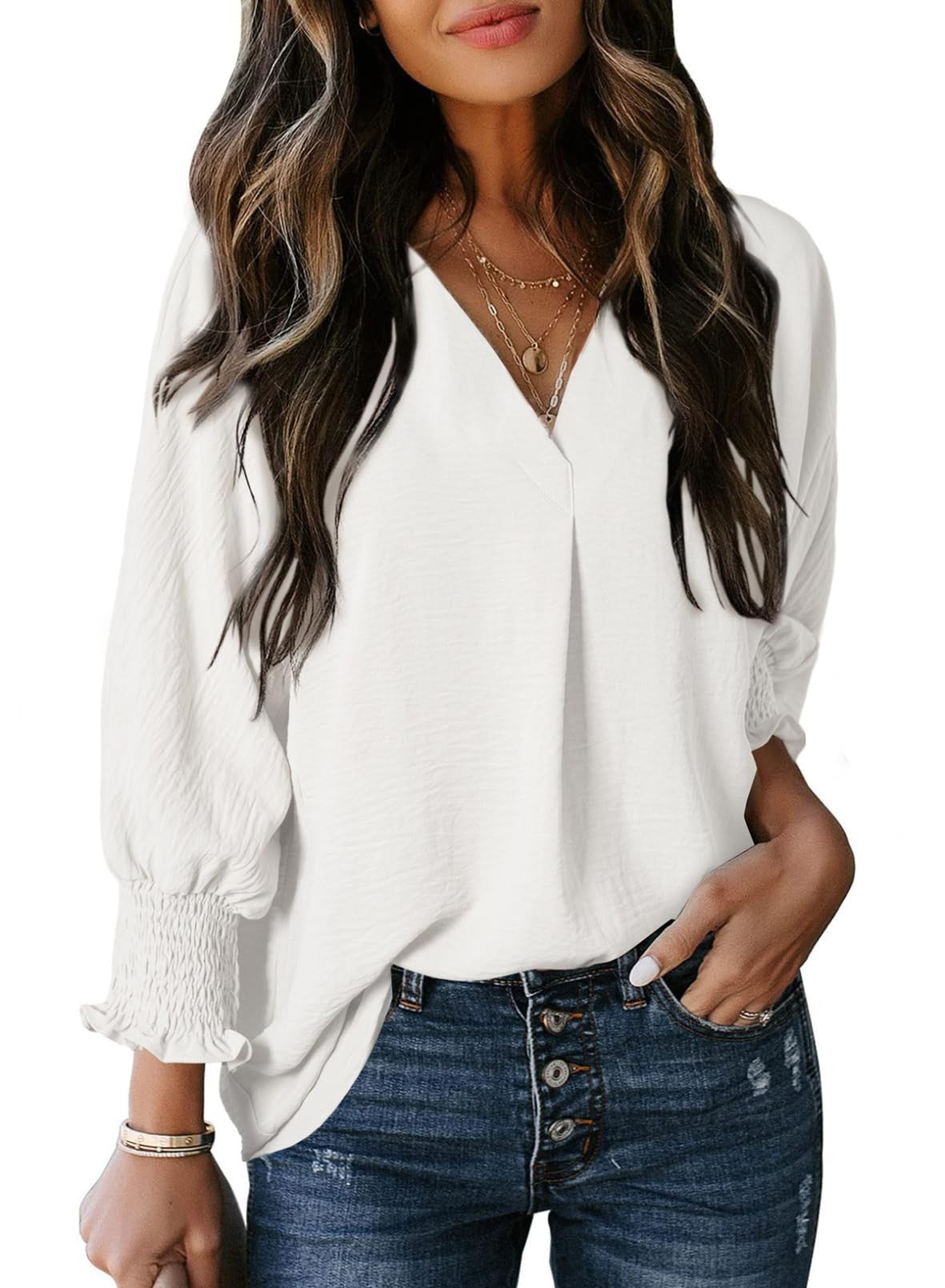 Damen T-Shirt – V-Ausschnitt – 3/4 Ärmel – Locker geschnitten – Weicher Strick – Alltag