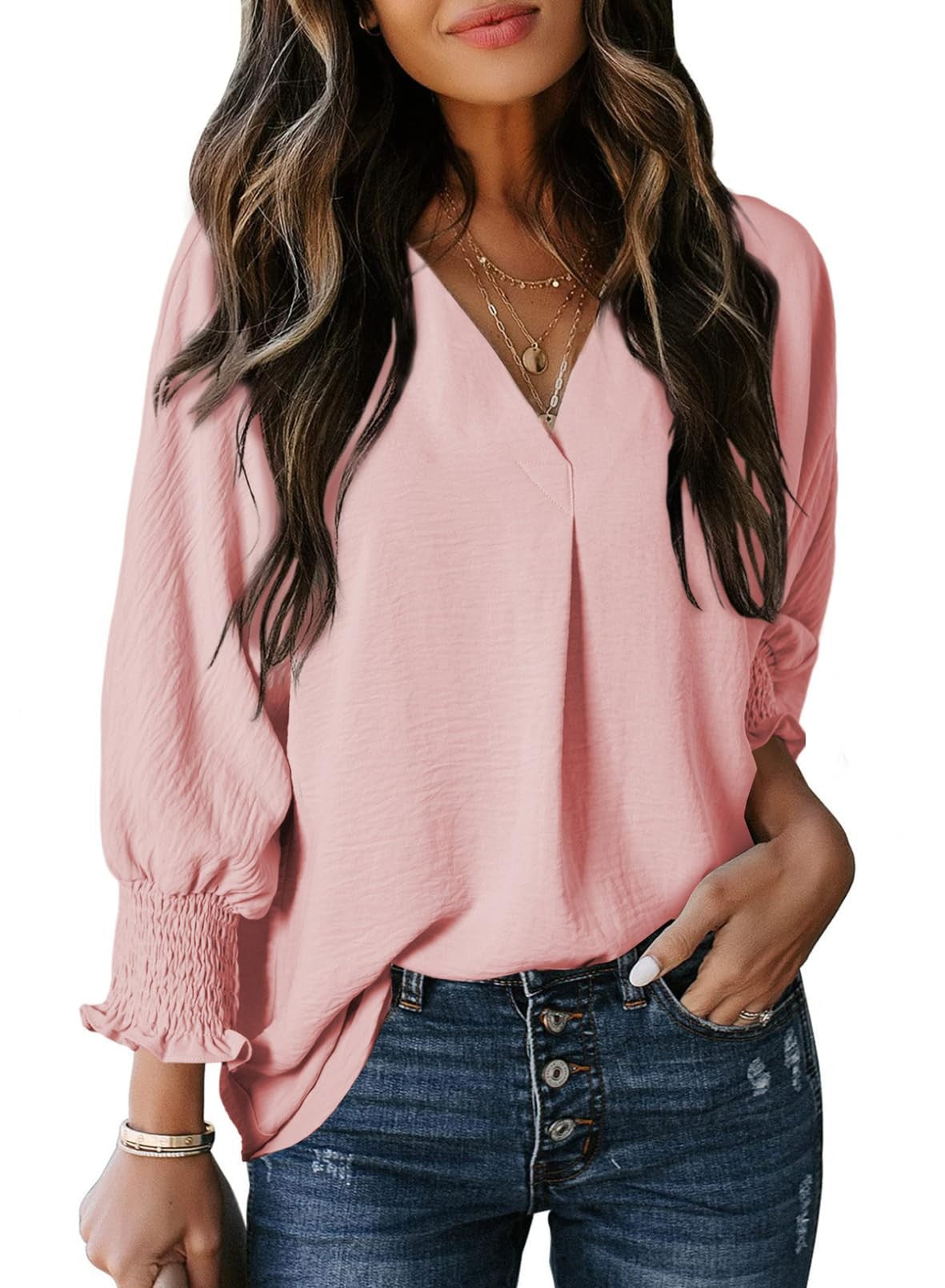 Damen T-Shirt – V-Ausschnitt – 3/4 Ärmel – Locker geschnitten – Weicher Strick – Alltag