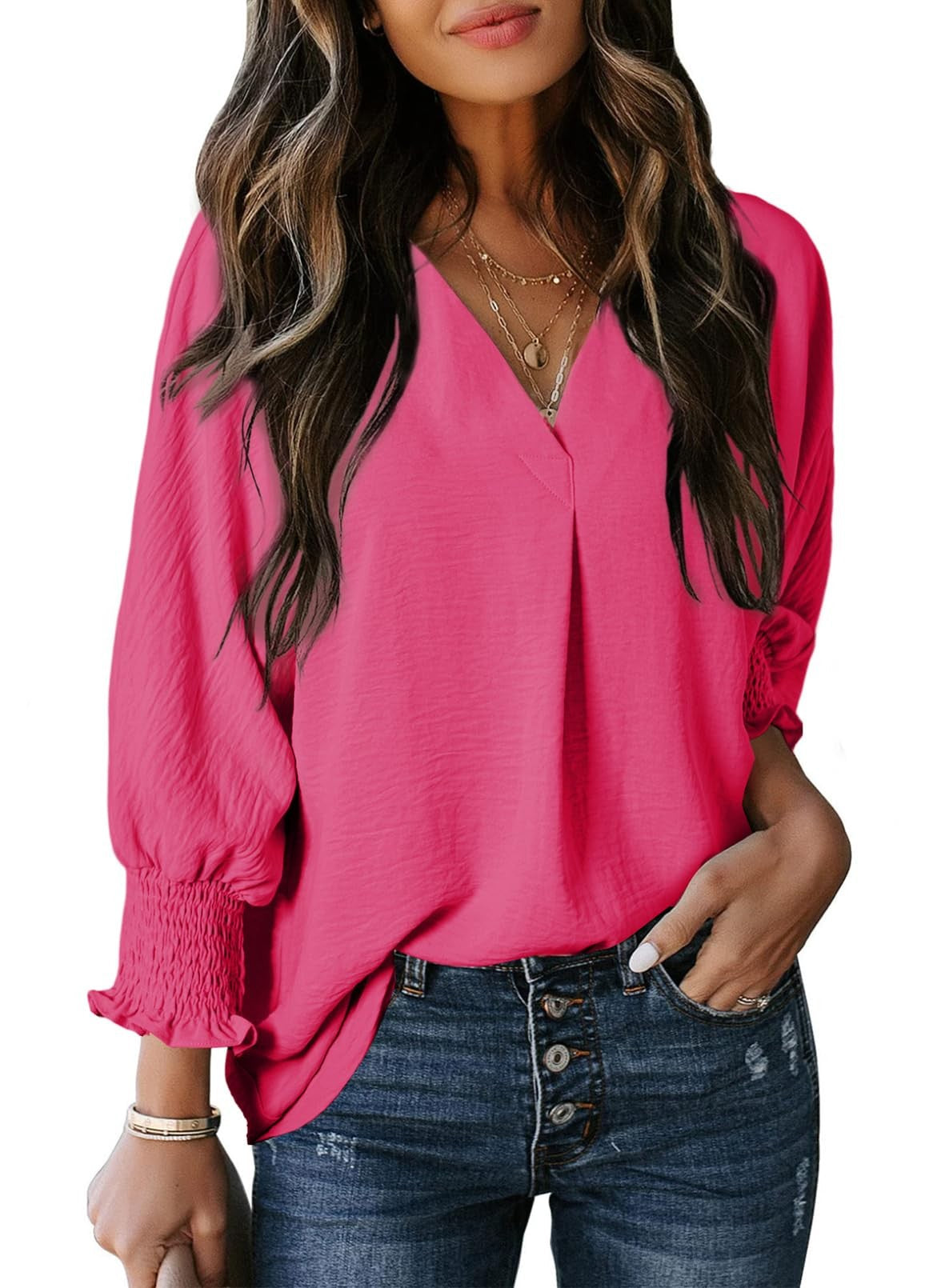 Damen T-Shirt – V-Ausschnitt – 3/4 Ärmel – Locker geschnitten – Weicher Strick – Alltag