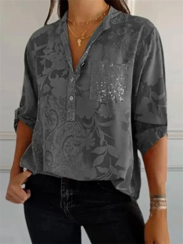 Damen Tunika Bluse – Relaxed Fit – Luxusstoff – Floralmuster – Paillettentasche