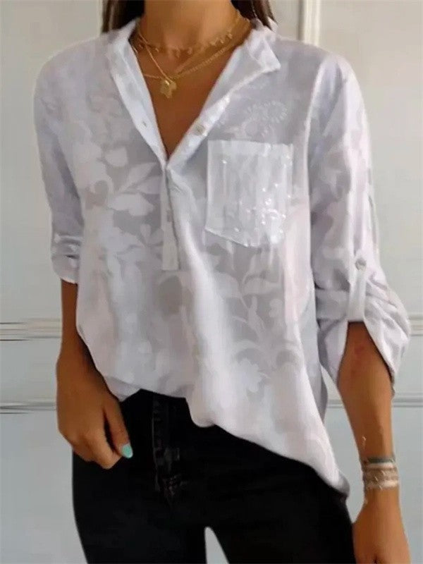 Damen Tunika Bluse – Relaxed Fit – Luxusstoff – Floralmuster – Paillettentasche