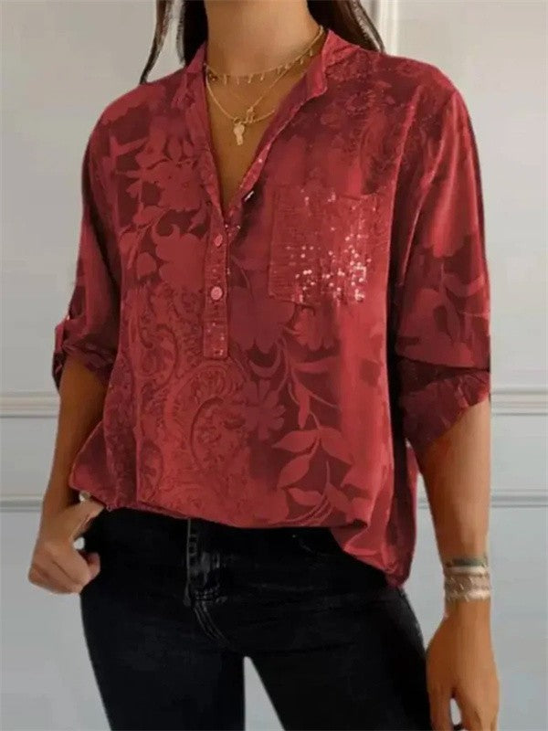 Damen Tunika Bluse – Relaxed Fit – Luxusstoff – Floralmuster – Paillettentasche