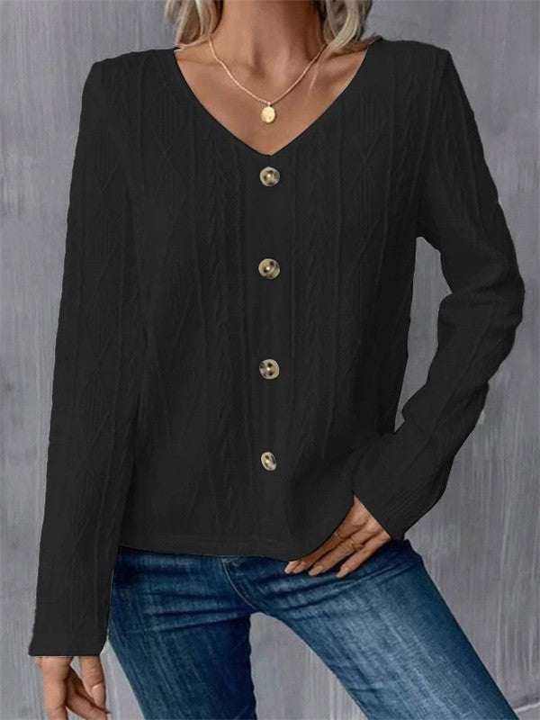 Damen Langarmshirt – V-Ausschnitt – Regular Fit – Soft Knit – Knopfdetail