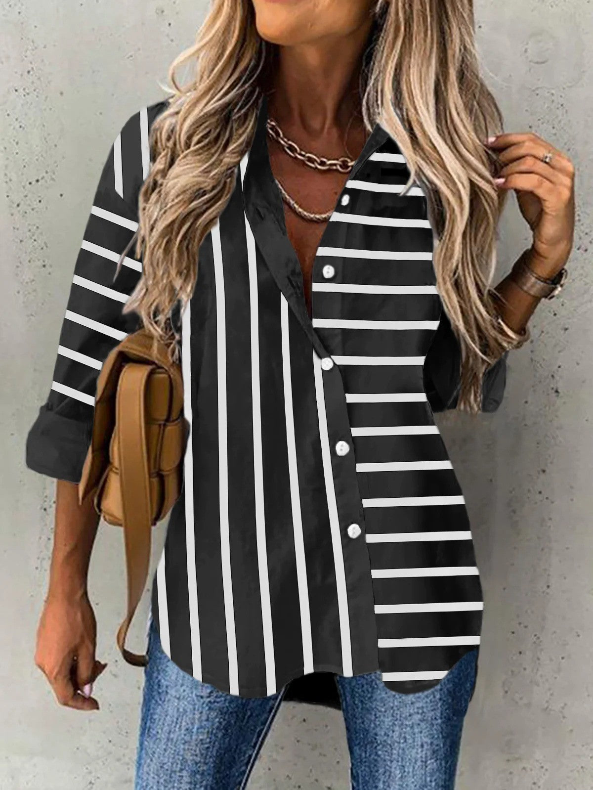 Damen Bluse – Relaxed Fit – Atmungsaktive Mischung – Streifen – Hemdkragen – Langarm