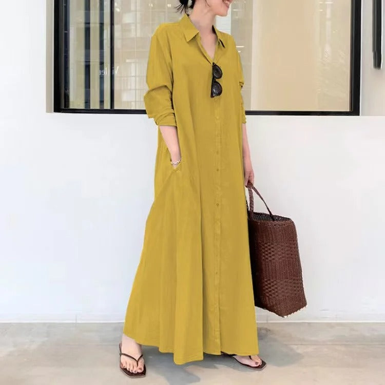 Damen Freizeitkleid – Lockere Passform – Knopfleiste – Mit Taschen – Atmungsaktiver Stoff