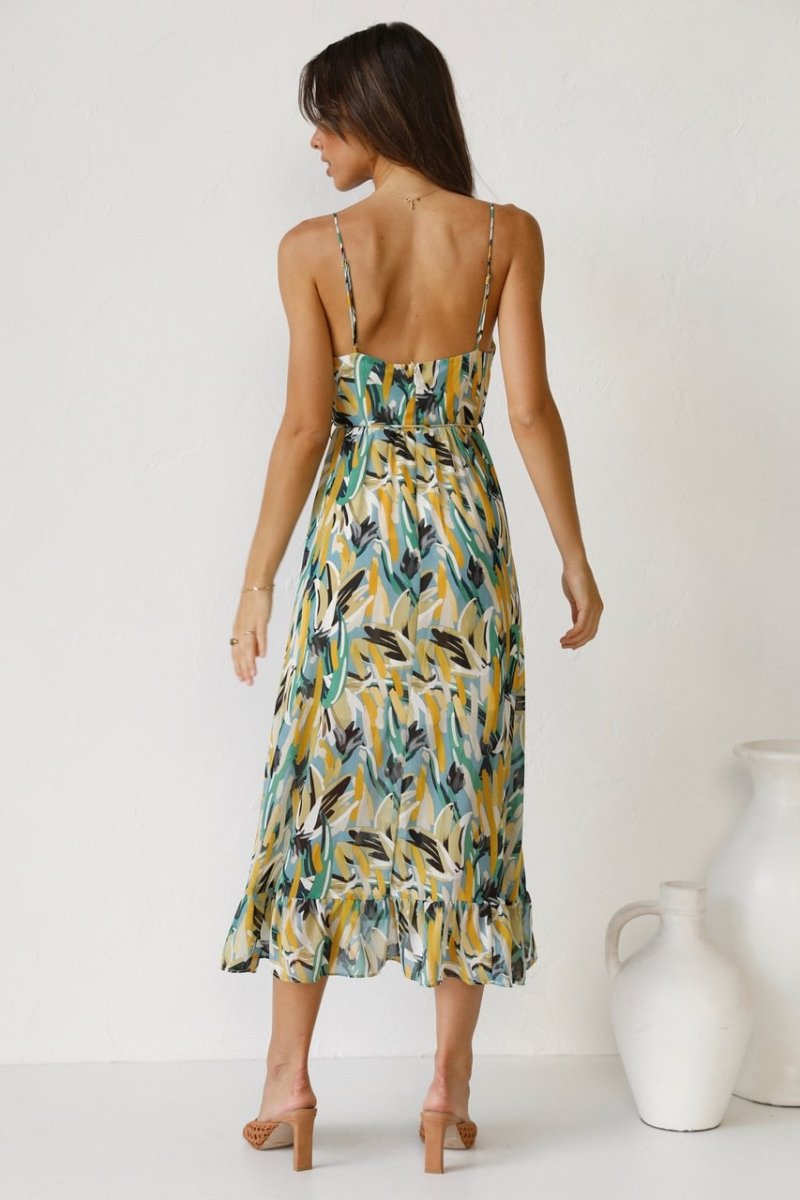 Damen Midikleid – Luftiges Design – Spaghettiträger – Rüschenabschluss – V-Ausschnitt
