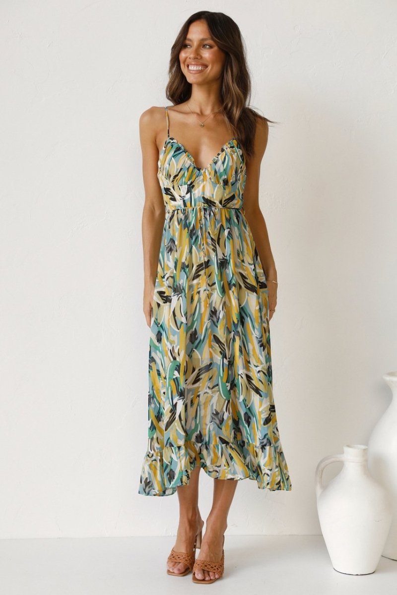 Damen Midikleid – Luftiges Design – Spaghettiträger – Rüschenabschluss – V-Ausschnitt