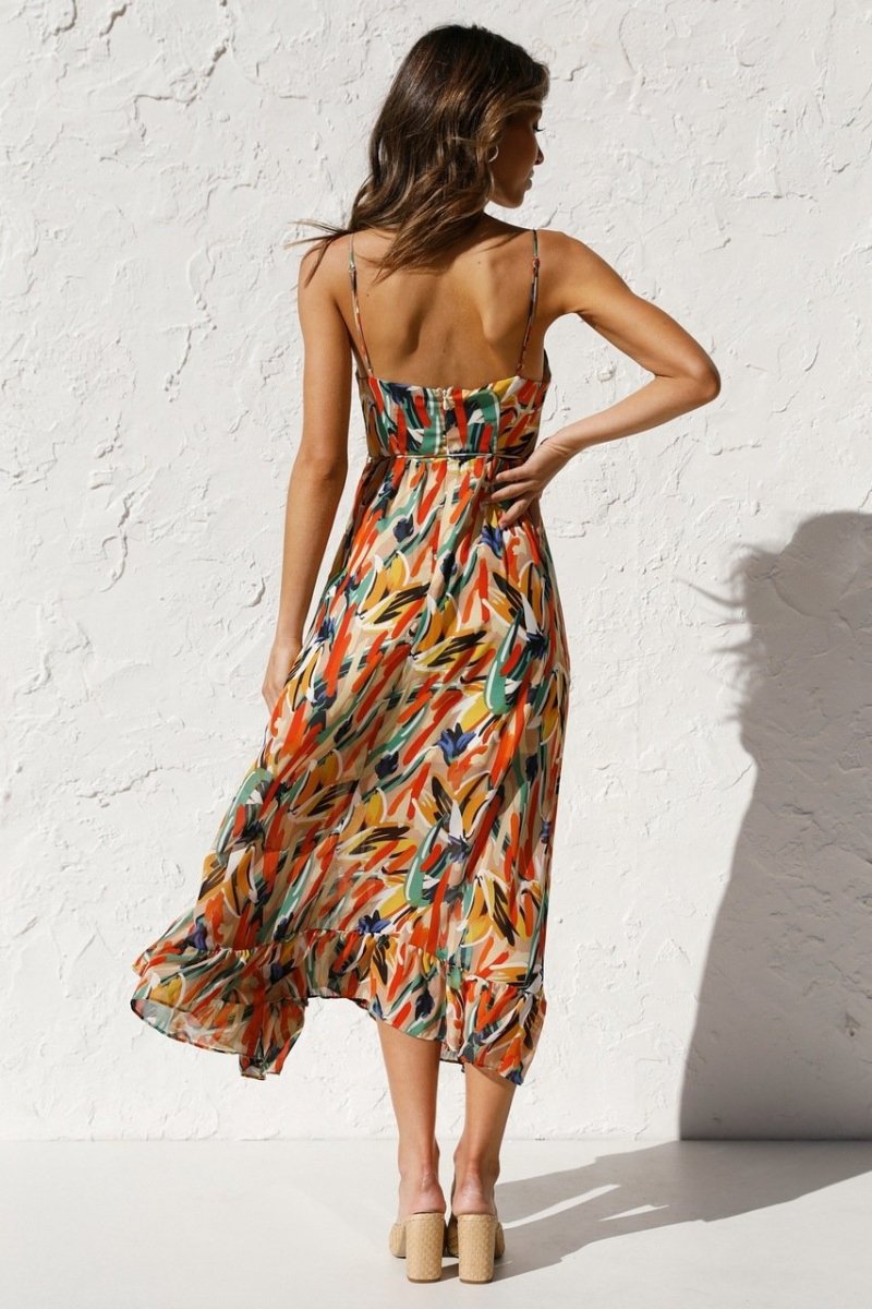 Damen Midikleid – Luftiges Design – Spaghettiträger – Rüschenabschluss – V-Ausschnitt