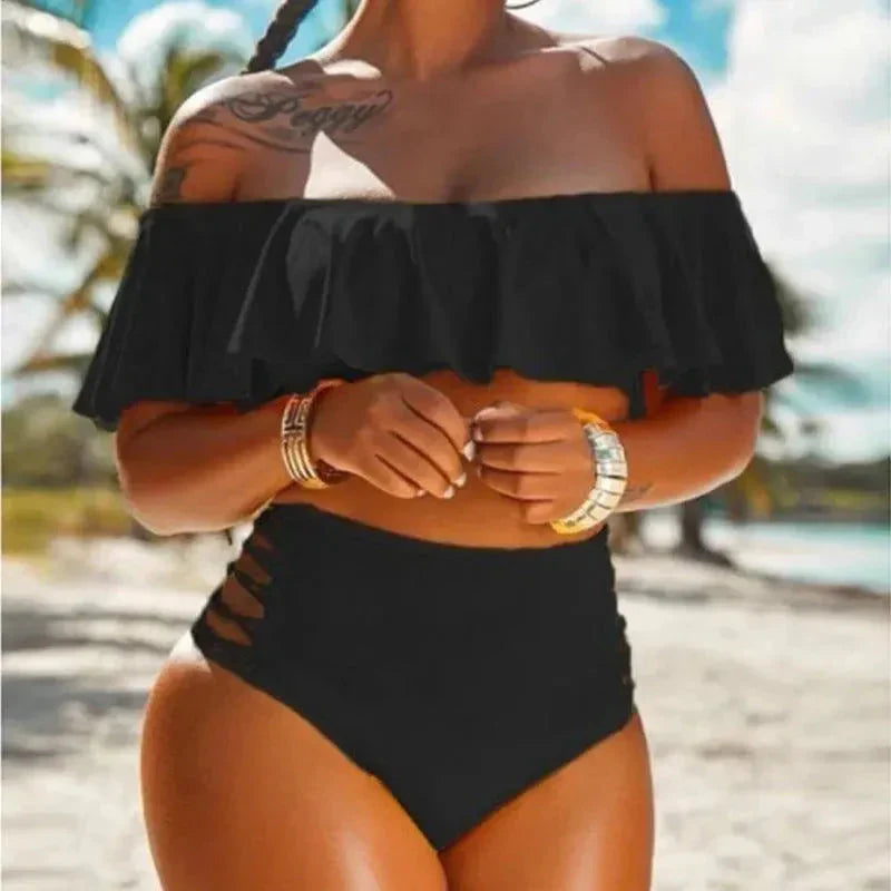Damen Bikini Set – High Waist – Schulterfrei mit Rüschen – Seitliche Cut-Outs
