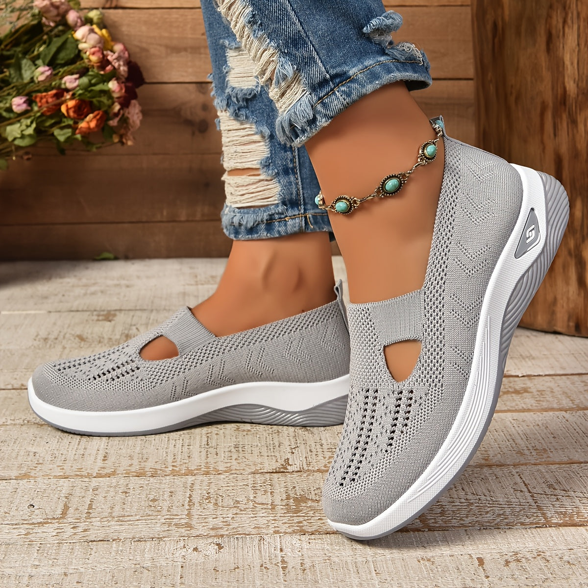 Damen Slip-On Sneaker – Atmungsaktives Strickdesign – Gepolsterte Sohle – Niedriger Schnitt