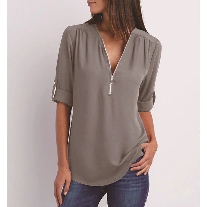 Damen Bluse – Lockerer Schnitt – Atmungsaktives Material – Half-Zip – 3/4 Ärmel