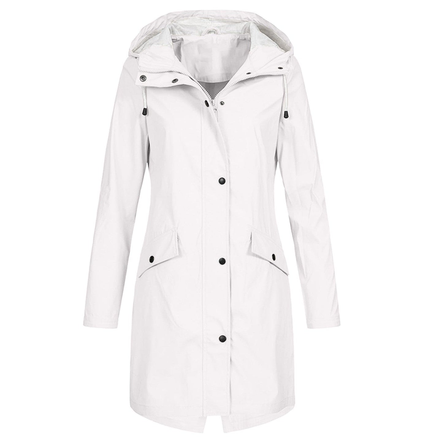 Damen Regenjacke – Wasserdicht – Lange Passform – Mit Kapuze – Reißverschluss & Druckknopf