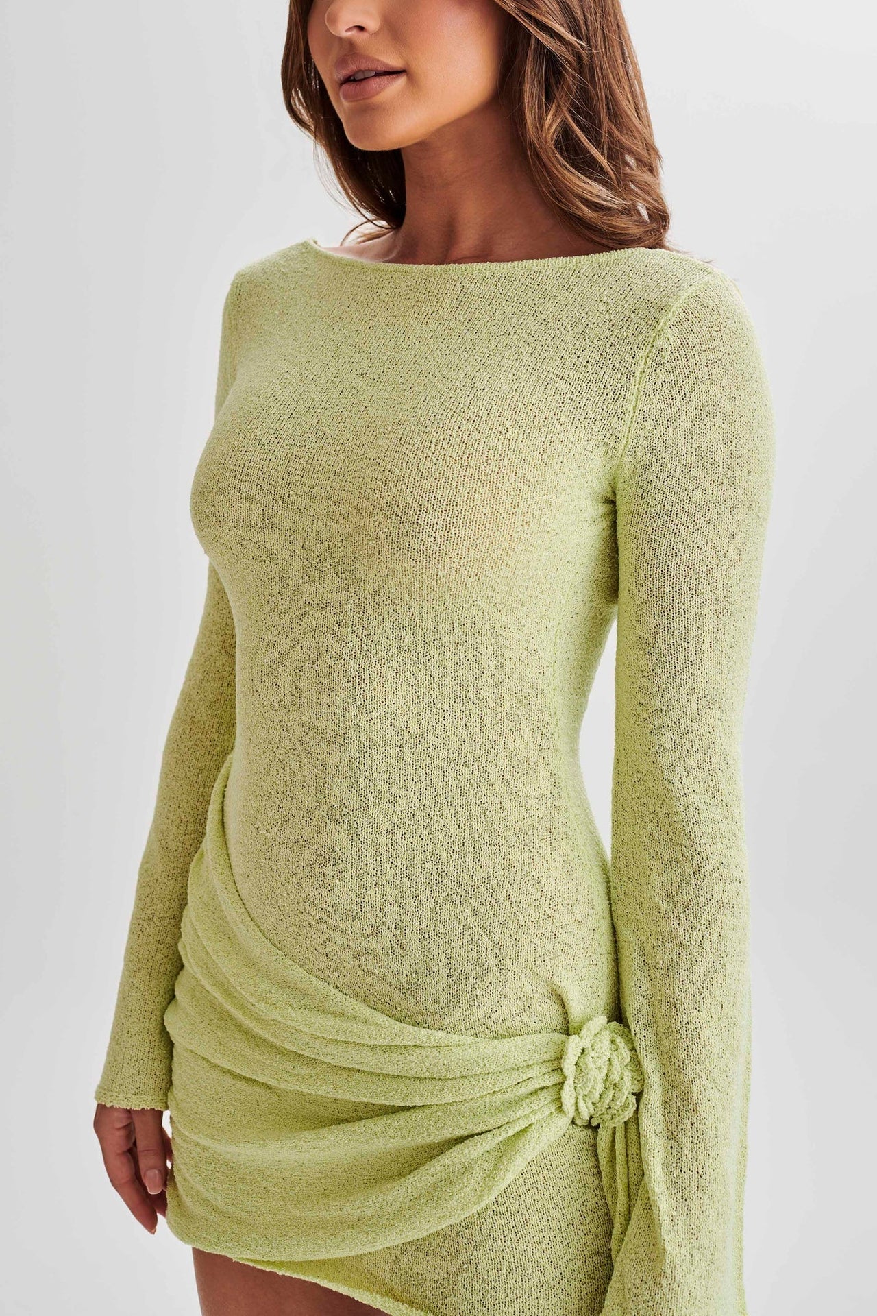 Damen Minikleid – Slim Fit – Weiches Strickmaterial – Raffung – Langarm – Stehkragen