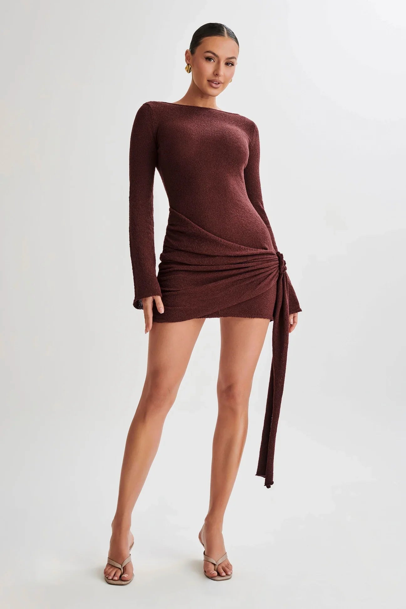 Damen Minikleid – Slim Fit – Weiches Strickmaterial – Raffung – Langarm – Stehkragen