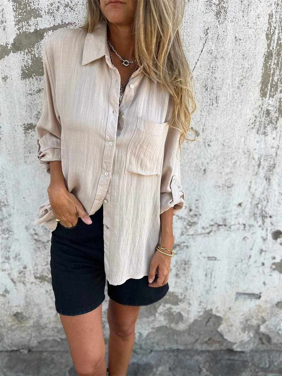 Damen Langarmshirt – Relaxed Fit – Atmungsaktive Naturfasern – Knopfleiste – Reverskragen