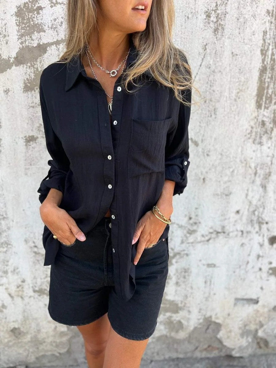 Damen Langarmshirt – Relaxed Fit – Atmungsaktive Naturfasern – Knopfleiste – Reverskragen