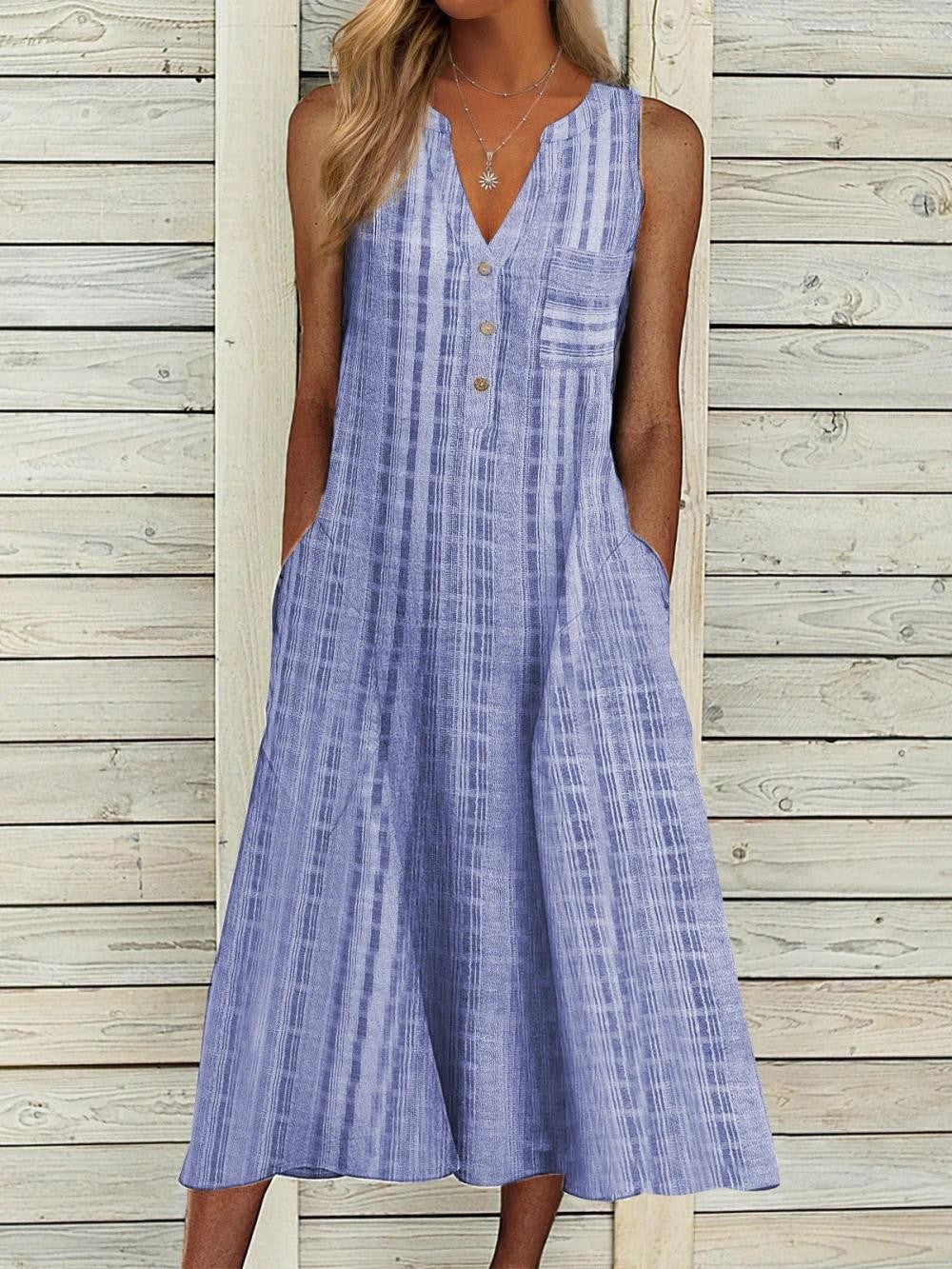 Damen Midikleid – Ärmellos – Atmungsaktive Qualität – V-Ausschnitt – Knopfleiste – Lockere Passform – Seitentaschen