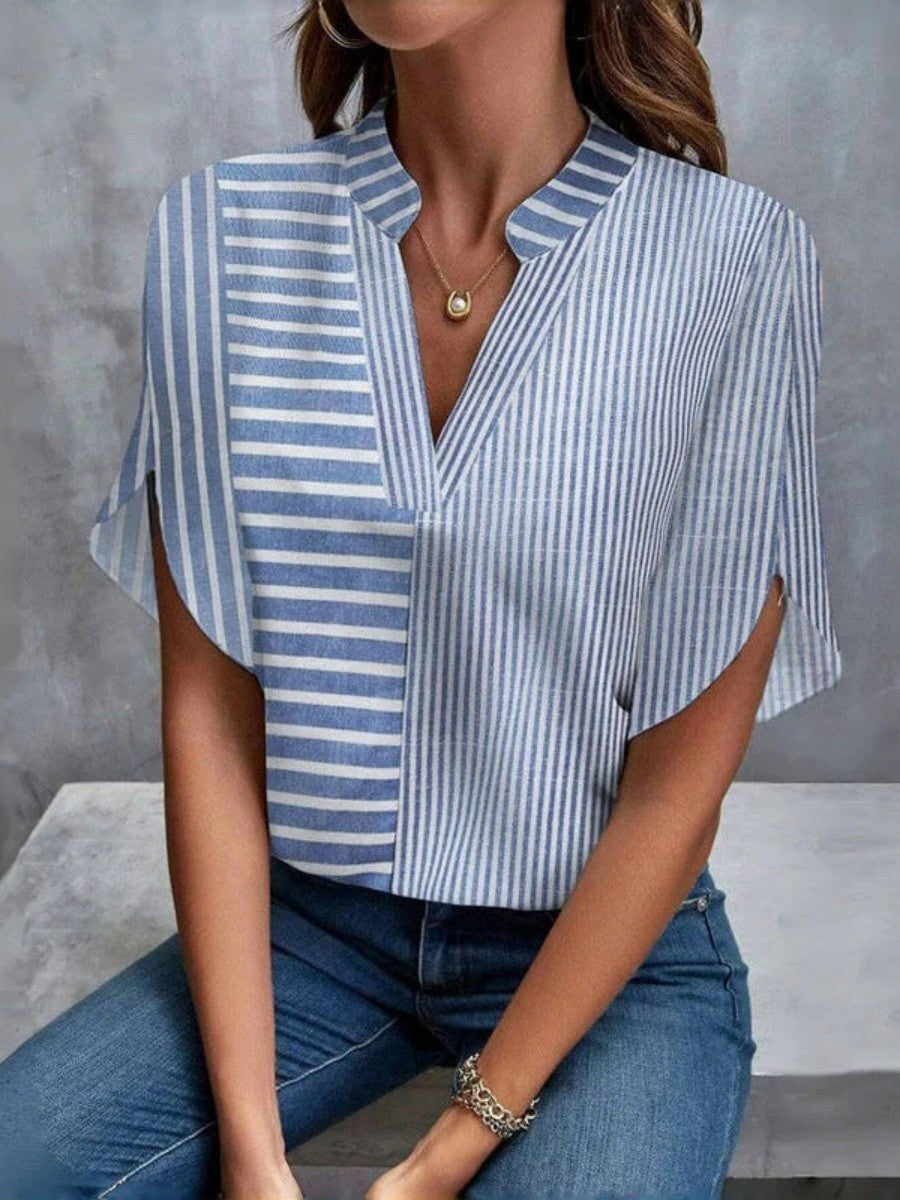 Damen Bluse – Lockerer Schnitt – V-Ausschnitt – Halblangarm – Gestreiftes Design