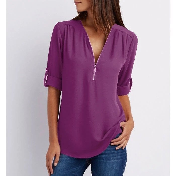 Damen Bluse – Lockerer Schnitt – Atmungsaktives Material – Half-Zip – 3/4 Ärmel