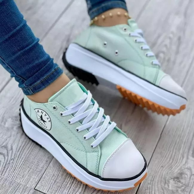 Damen Plateau-Sneaker – Low-Top – Atmungsaktives Gewebe – Schnürung – Chunky-Sohle