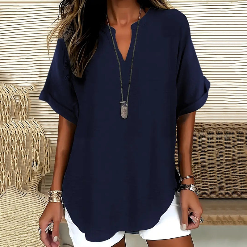 Damen Bluse – Lockerer Schnitt – V-Ausschnitt – Kurzarm – Natürliche Fasern