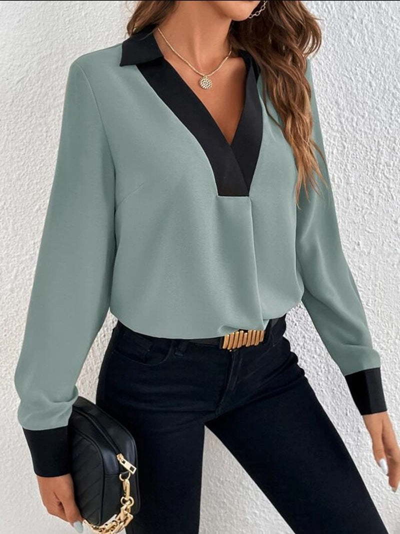 Damen Bluse – V-Ausschnitt mit Kontrastbesatz – Lockere Passform – Langarm Hemdkragen