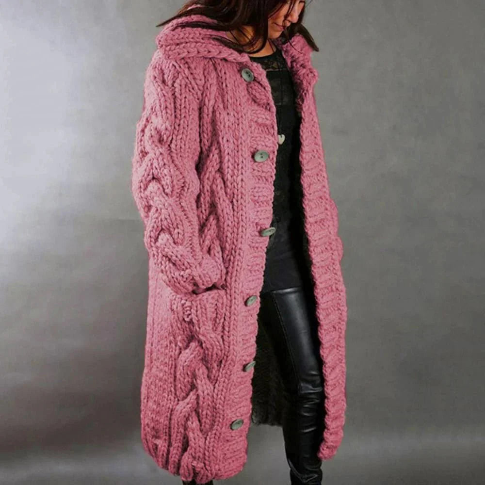 Damen Strickmantel – Oversize Passform – Grobes Zopfmuster – Mit Kapuze Langform