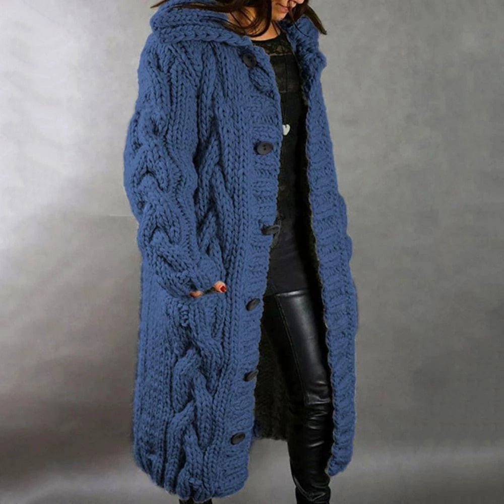 Damen Strickmantel – Oversize Passform – Grobes Zopfmuster – Mit Kapuze Langform