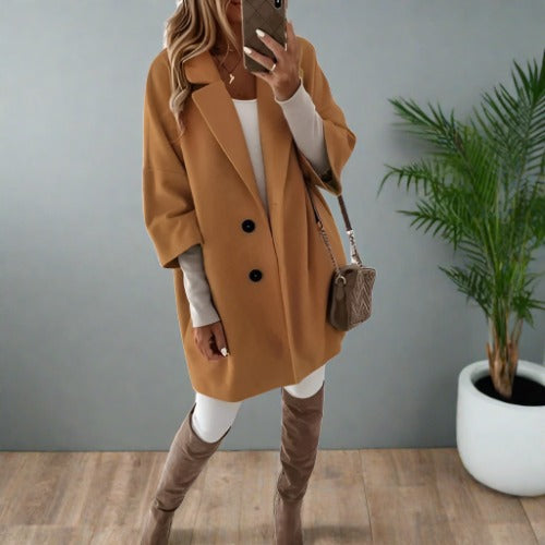 Damen Mantel – Relaxed Fit – Wolloptik – Klassischer Reverskragen – Knopfverschluss