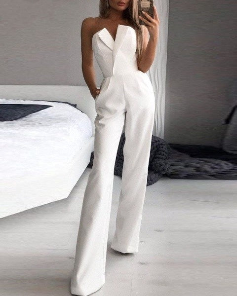 Damen Jumpsuit – Elegante Passform – Schulterfrei – Weites Bein – Mit Taschen