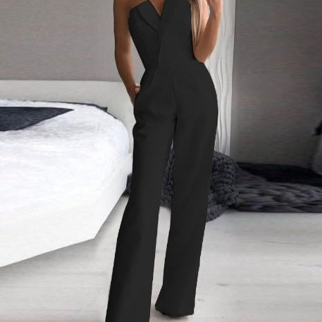 Damen Jumpsuit – Elegante Passform – Schulterfrei – Weites Bein – Mit Taschen