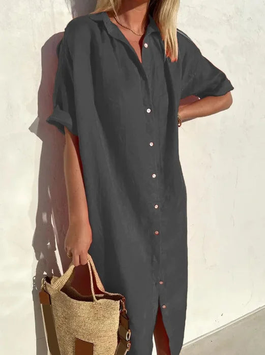 Damen Shirtkleid – Lockere Passform – Natürliche Fasern – Knopfleiste – Midi-Länge