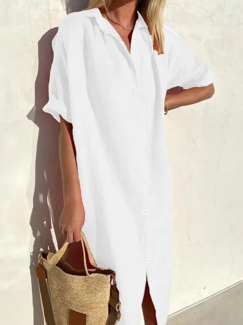 Damen Shirtkleid – Lockere Passform – Natürliche Fasern – Knopfleiste – Midi-Länge
