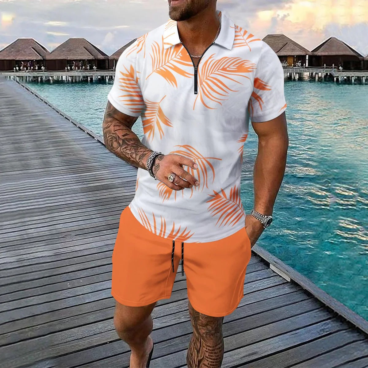 Herren Set mit Poloshirt und Shorts – Slim Fit – Atmungsaktiv – Kurzarm – Reißverschluss – Tropenprint