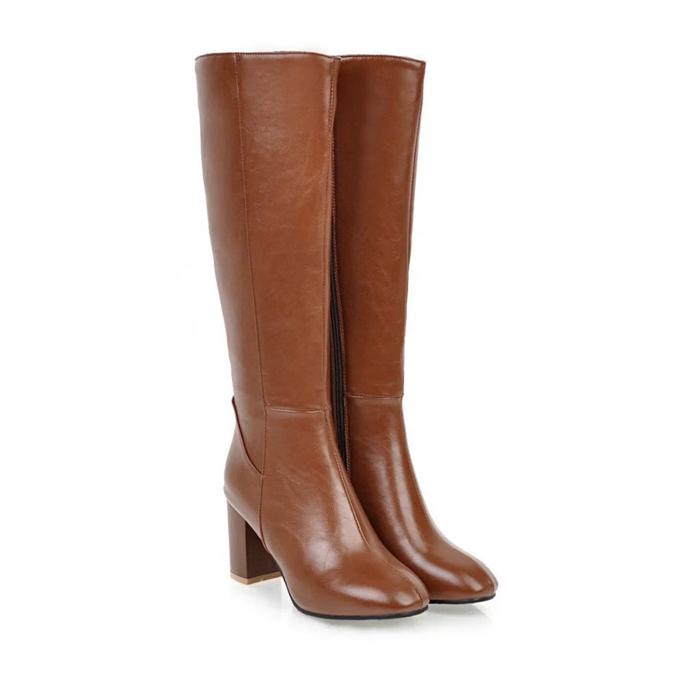 Damen Stiefeletten – Veganes Leder – Blockabsatz – Quadratische Spitze – Reißverschluss