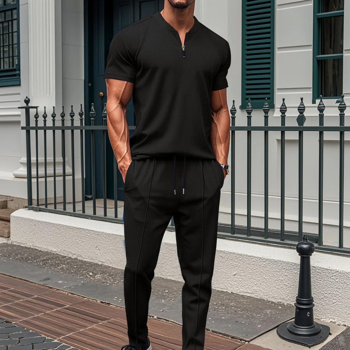 Herren Fitness Anzug – Slim Fit – Atmungsaktiv – Kurzarm Top mit Reißverschluss – Elastische Hose