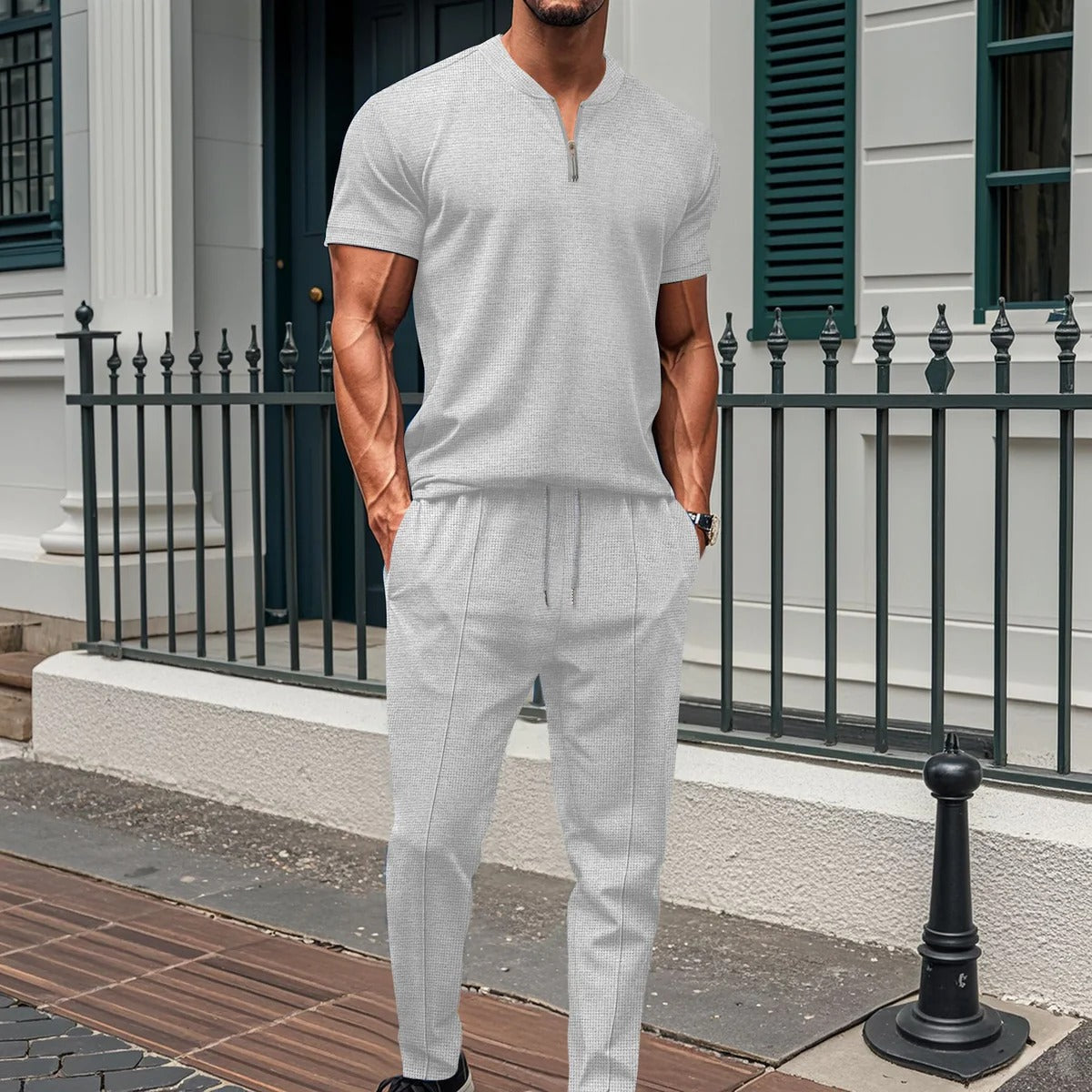 Herren Fitness Anzug – Slim Fit – Atmungsaktiv – Kurzarm Top mit Reißverschluss – Elastische Hose