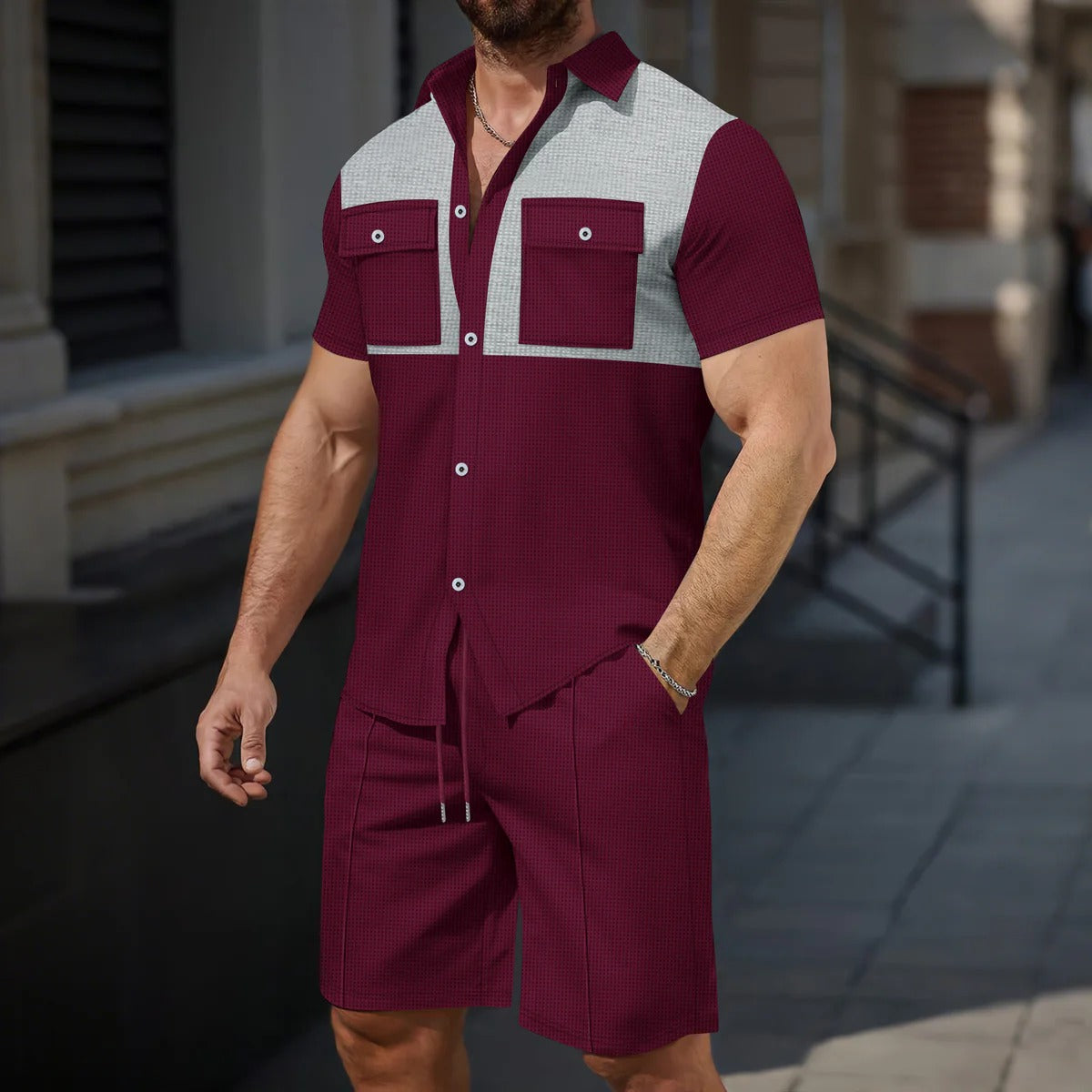 Herren Kurzarmhemd – Regular Fit – Baumwollgefühl – Brusttaschen – Kontrastdetails