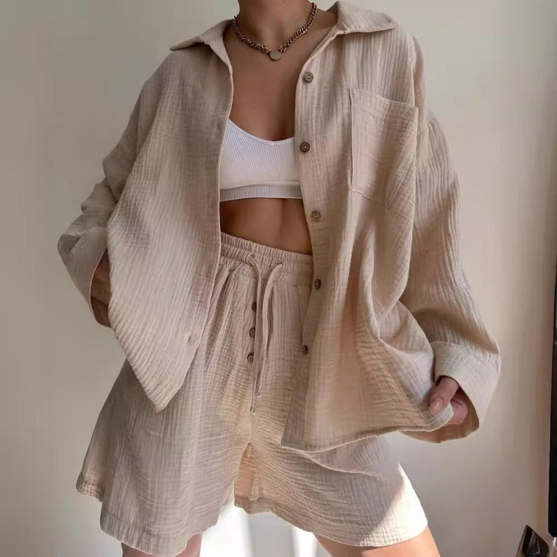 Damen Zweiteiler Set – Langarm Bluse mit Knöpfen – High Waist Shorts mit Kordelzug – Baumwolle
