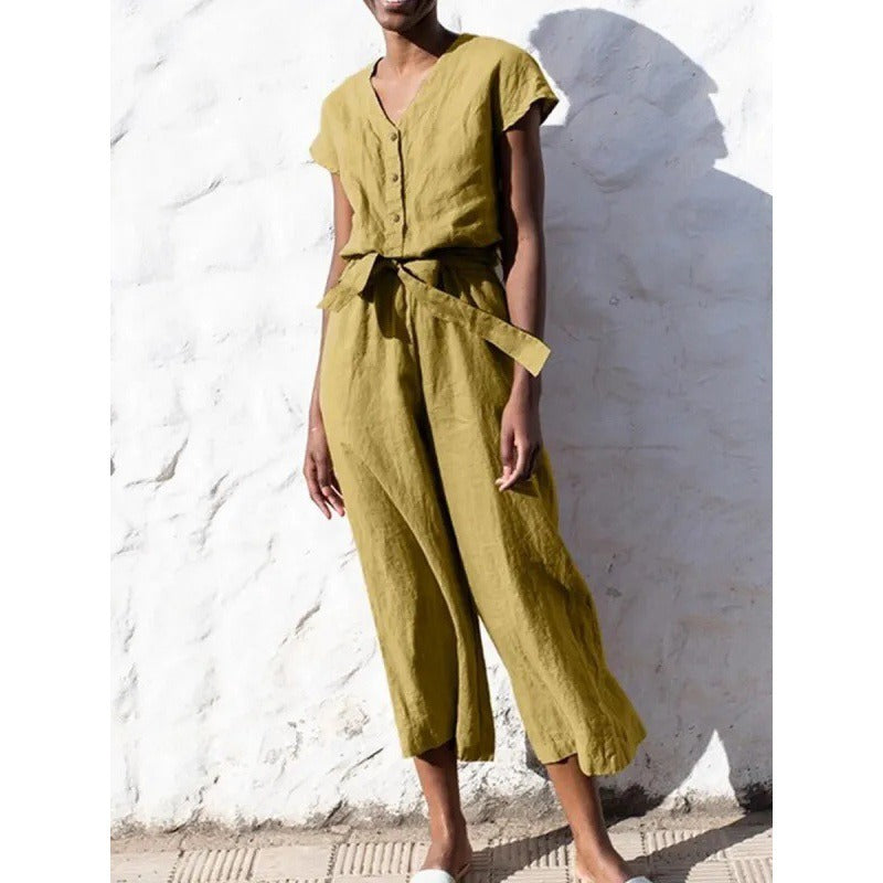 Damen Jumpsuit – Baumwollmix – V-Ausschnitt – Kurzarm – Bindegürtel – Culotte-Länge