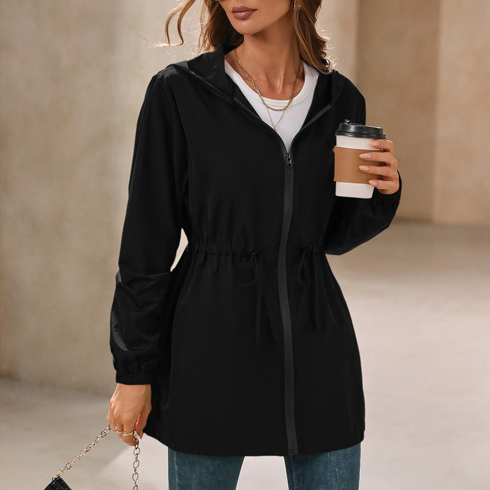 Damen Regenjacke – Wasserdicht Winddicht – Verstellbare Taille – Kapuze – Reißverschluss