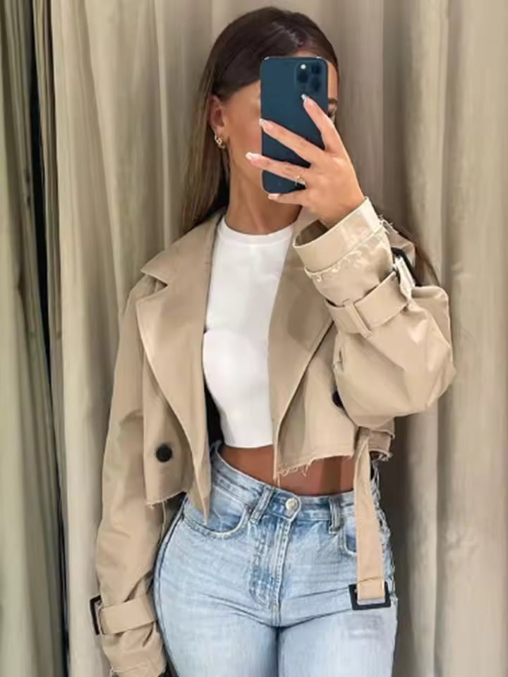 Damen Trenchcoat Kurz – Cottonmix – Oversized Fit – Doppelreiher – Fransensaum