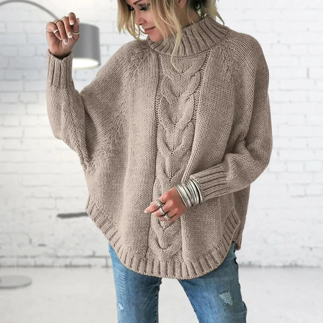 Damen Pullover – Oversized Fit – Wollstrick – Rollkragen – Fledermausärmel – Zopfmuster