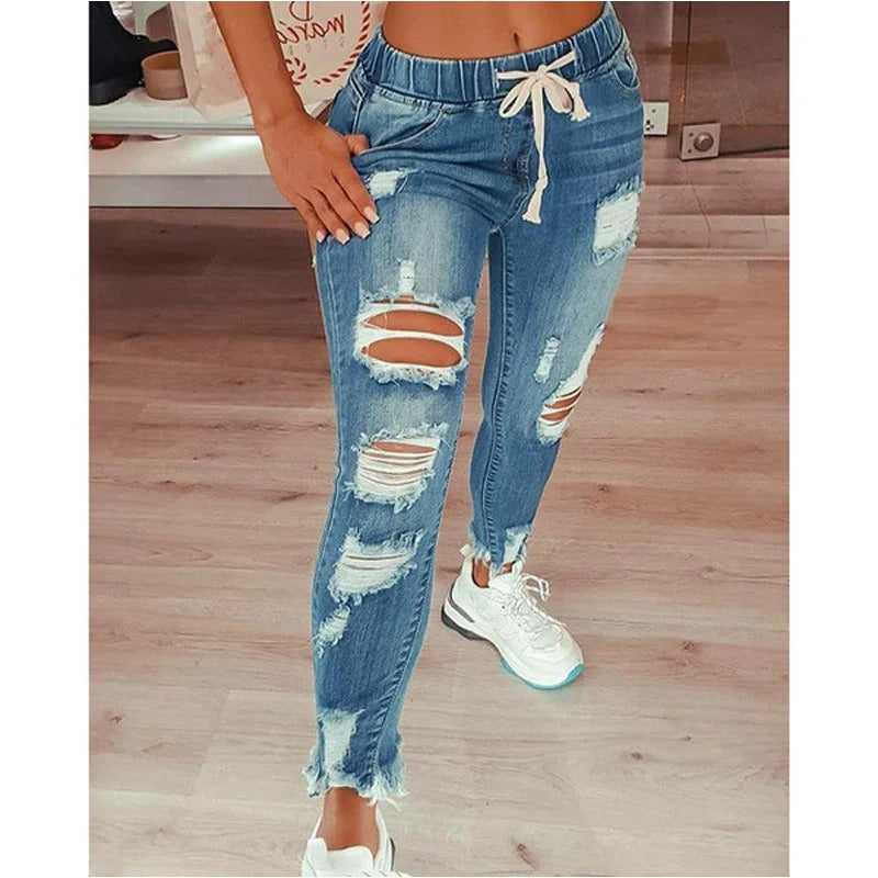 Damen Jeanshose – Slim Fit – Ripped Look – Elastischer Bund mit Kordelzug