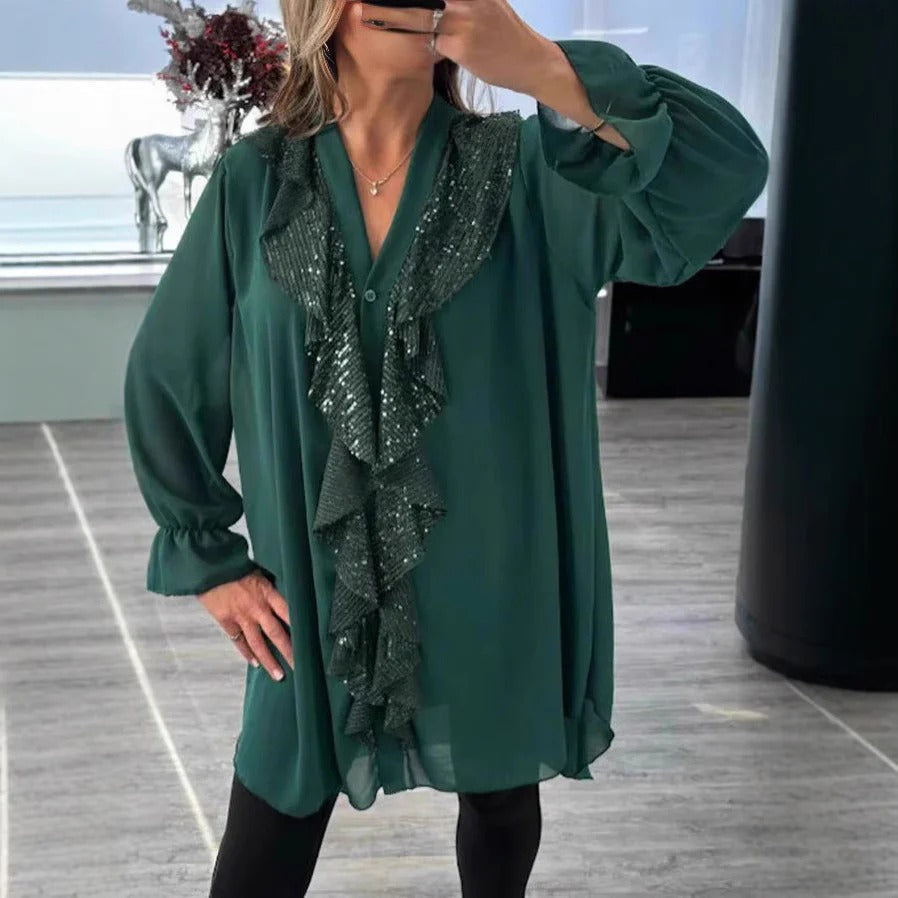 Damen Bluse – Sheer Stoff – Lockerer Schnitt – Langarm – Rüschen mit Glitzer