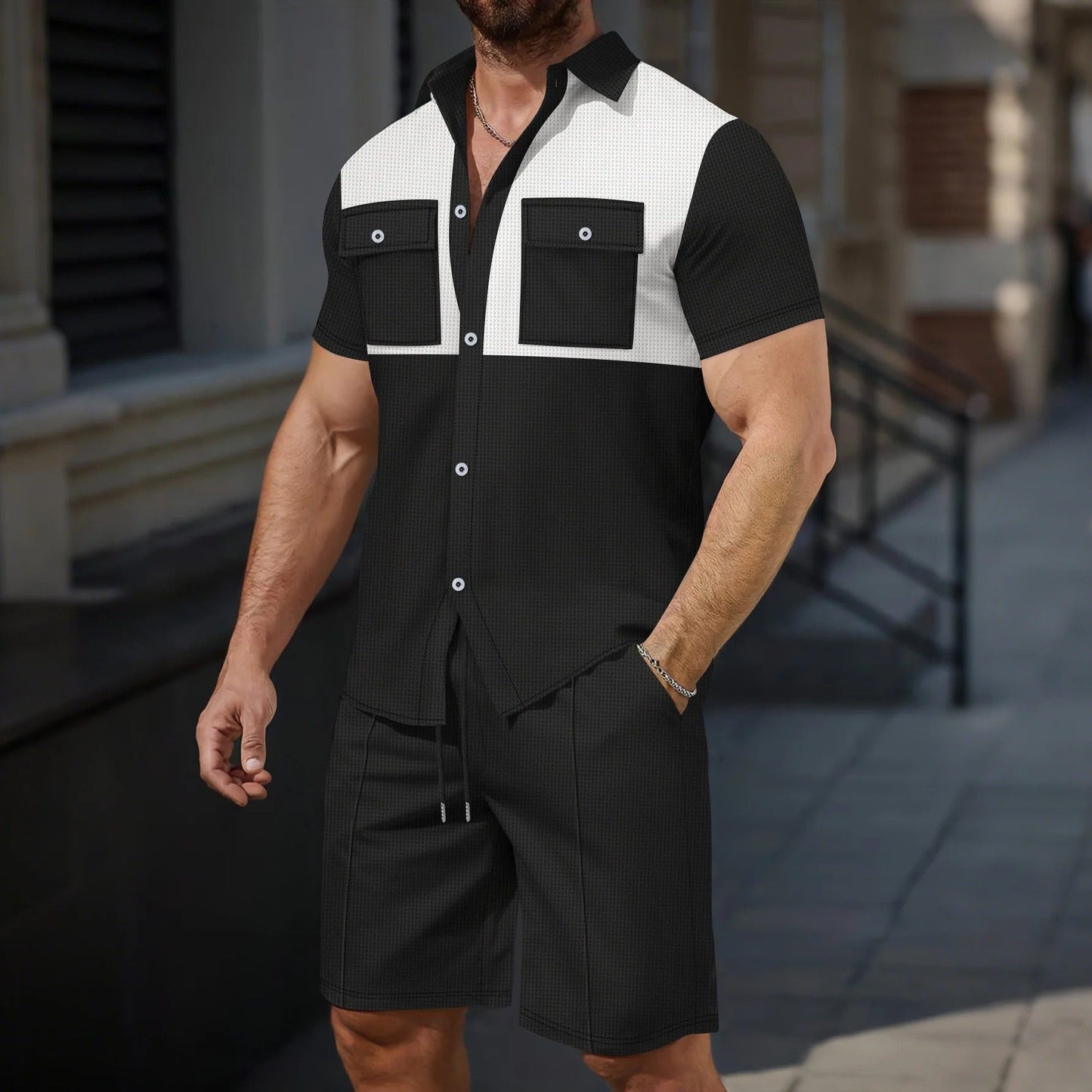 Herren Kurzarmhemd – Regular Fit – Baumwollgefühl – Brusttaschen – Kontrastdetails
