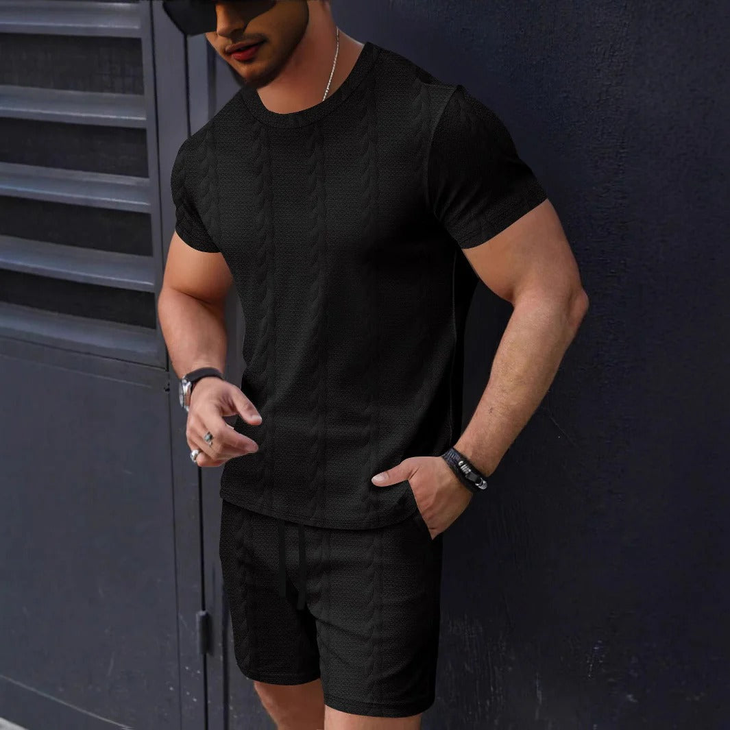 Herren T-Shirt und Shorts Set – Strukturstrick – Regular Fit – Rundhals – Kordelzug